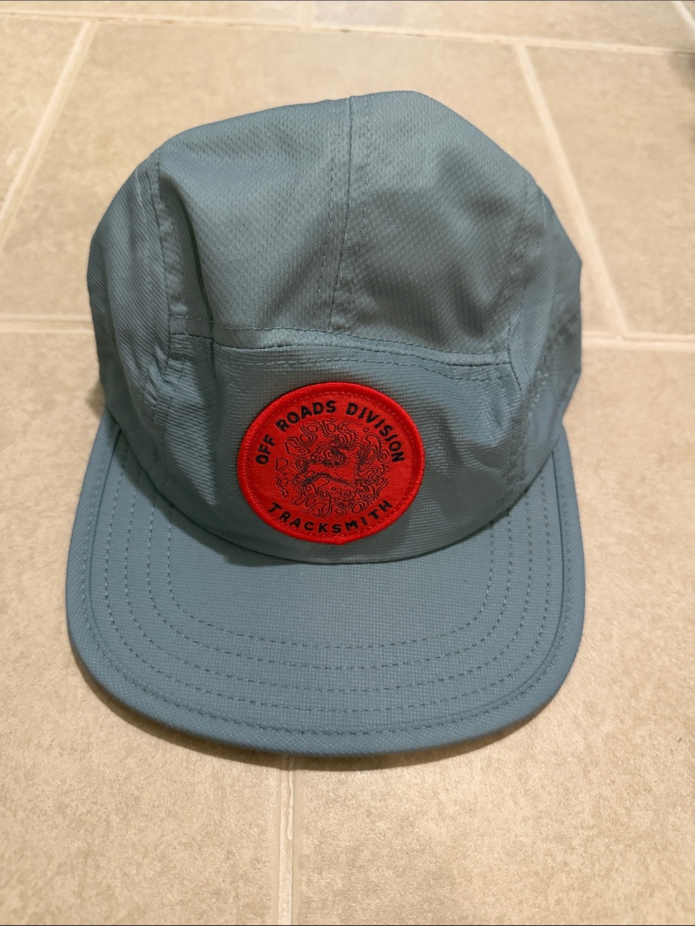 Tracksmith Light Blue Five-Panel Hat with Red Patch